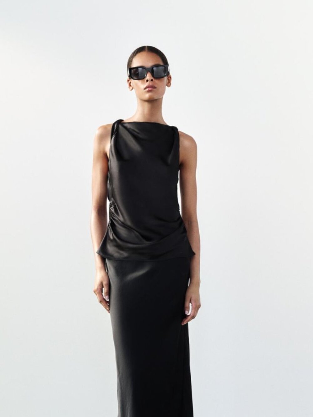 Zara XL Black Satin Tank w/ Twisted Straps and Ruching EUC